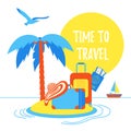 Time to travel summer beach holiday vacation poster or banner flat style design vector illustration concept isolated white backgro Royalty Free Stock Photo